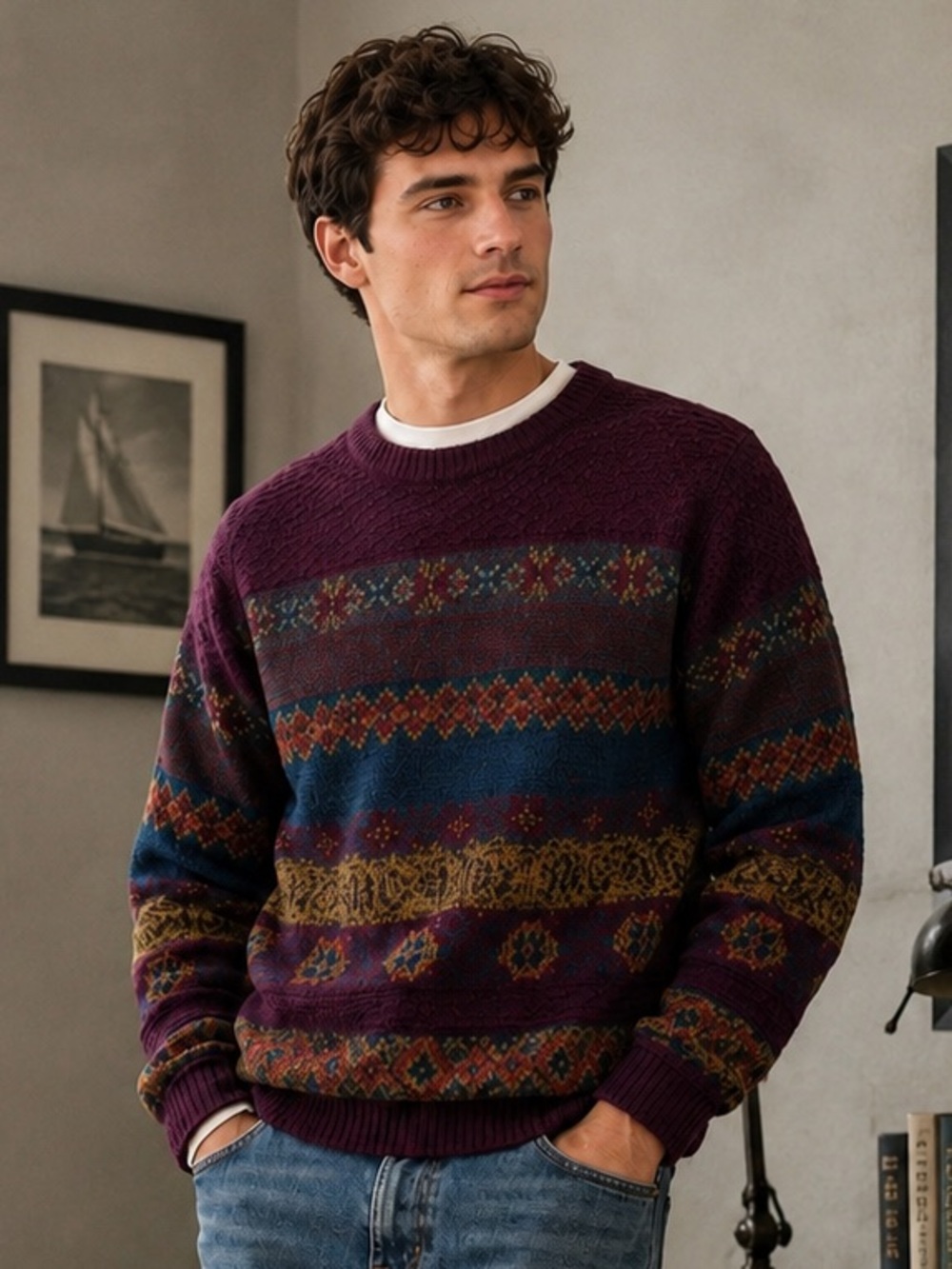 Vintage-Inspired Fair Isle Expressions Burgundy Teal Crewneck Sweater Size M